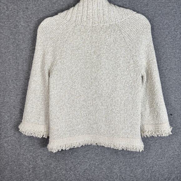 ST.JOHN Women’s Knit Cardigan Jacket Sweater P Petite Beige Metallic Fringe Trim - Picture 10 of 11